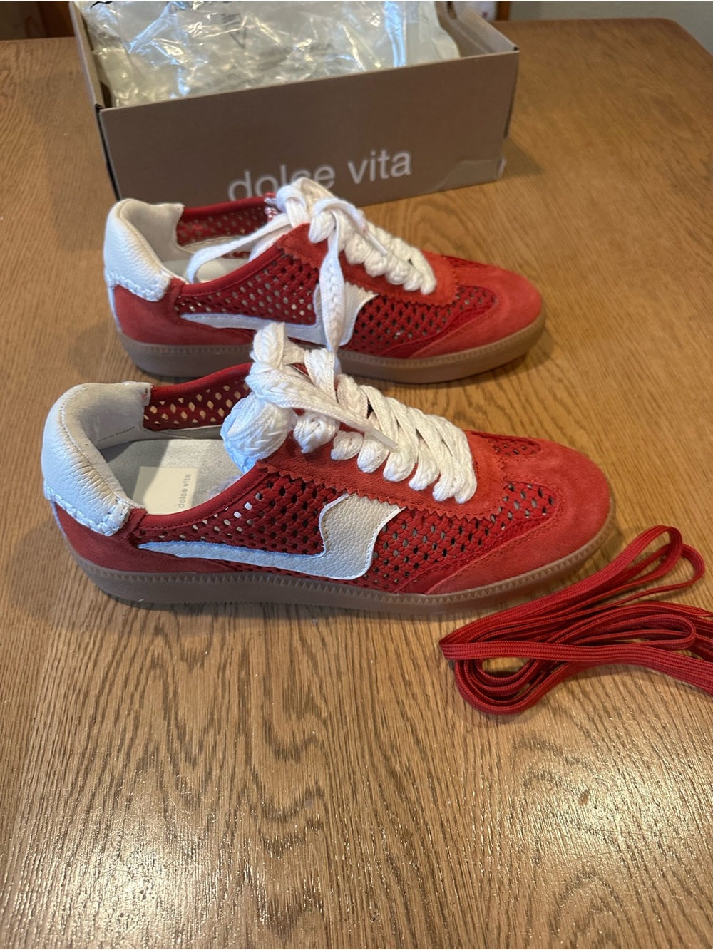 Dolce Vita Red and White Suede Mesh Sneakers with Gum Sole
